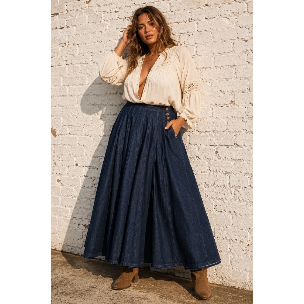 Vintage California Talls Blue Denim Maxi Skirt Pleated Full Western Boho 16/18